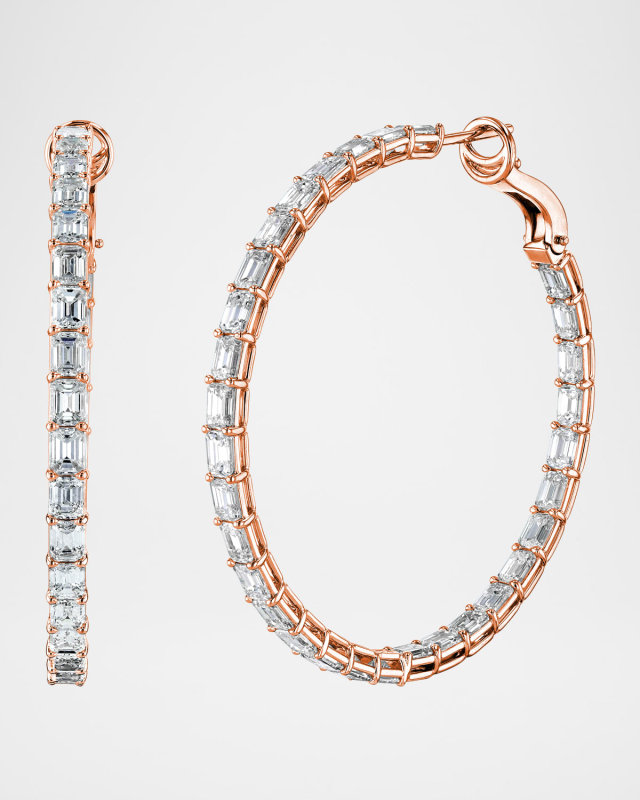18K Rose Gold North-South Emerald-Cut Diamond Hoop Earrings, 8.40tcw